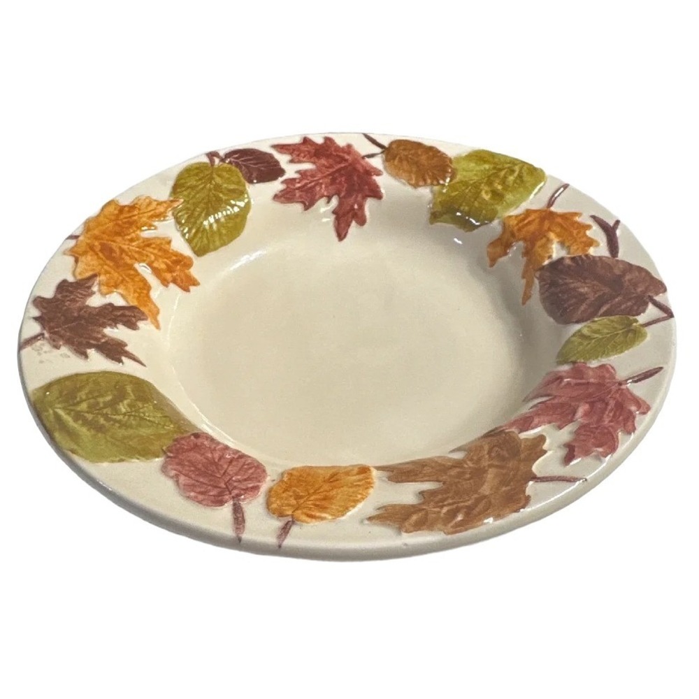 Italian Ceramic‎ Pasta Bowl 9.5 Inch Cream Autumn Leaves Embossed Fall 3448/24